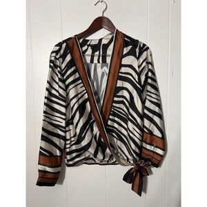 DREW Zebra Print Wrap Blouse - Black, White, Brown